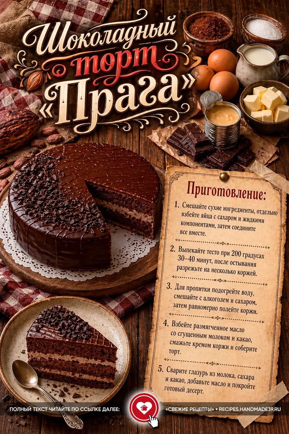 Классический шоколадный торт «Прага» с глазурью и кремовой прослойкой на деревянном столе