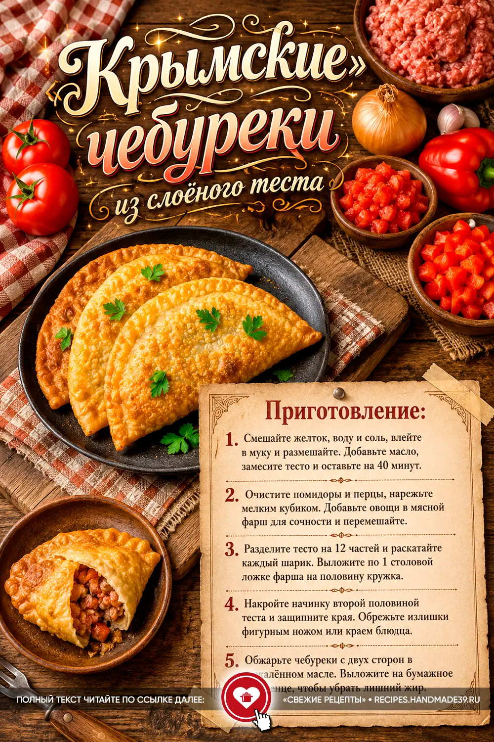 Золотистые жареные чебуреки из слоёного теста с мясным фаршем и зеленью на чёрной тарелке
