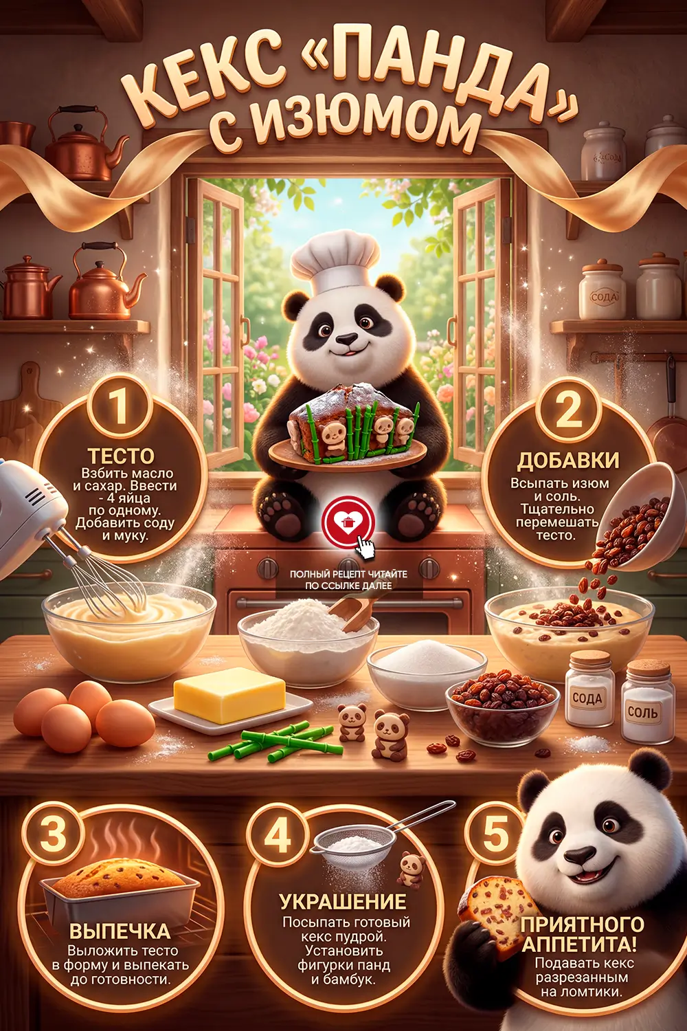 Домашний кекс с изюмом, украшенный фигурками панд из печенья и бамбуком из зеленого шоколада на кухонном столе