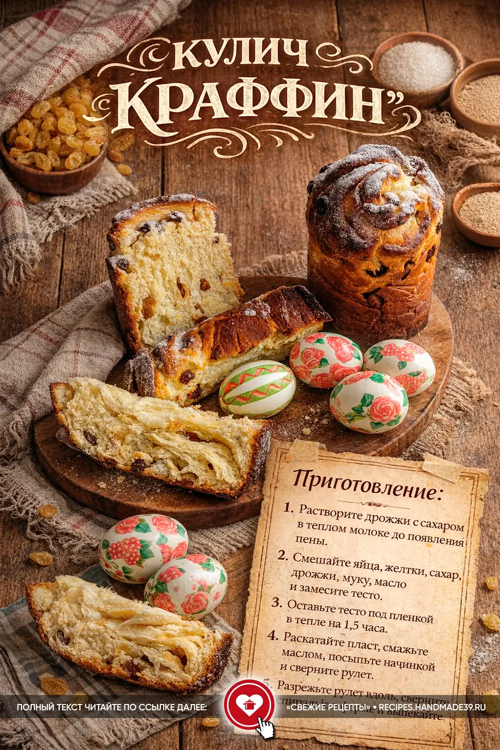 Слоистый пасхальный кулич краффин с изюмом, посыпанный сахарной пудрой, в разрезе на деревянном столе