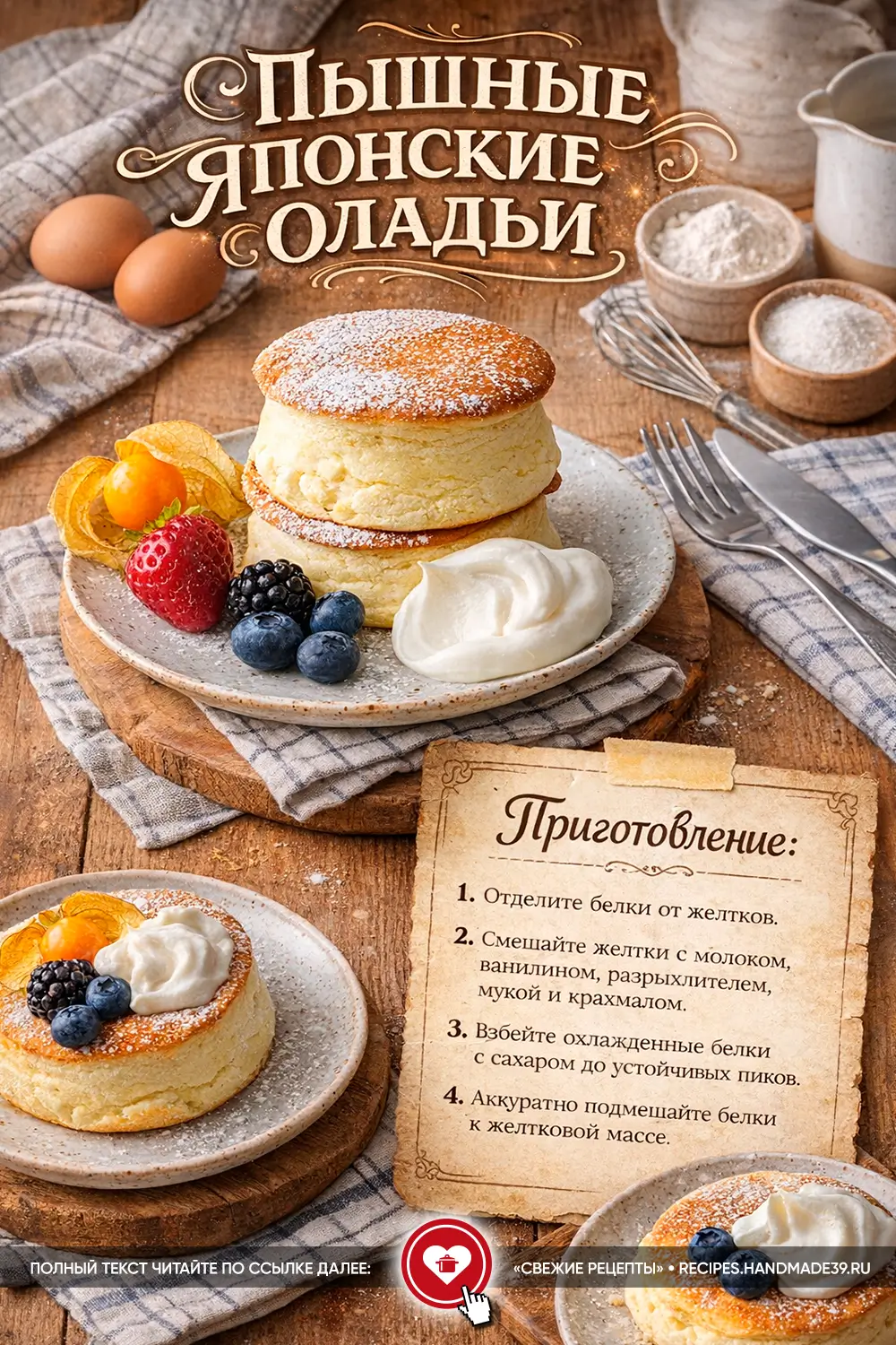 Два высоких пышных японских оладушка, посыпанных сахарной пудрой, с кремом и свежими ягодами на тарелке