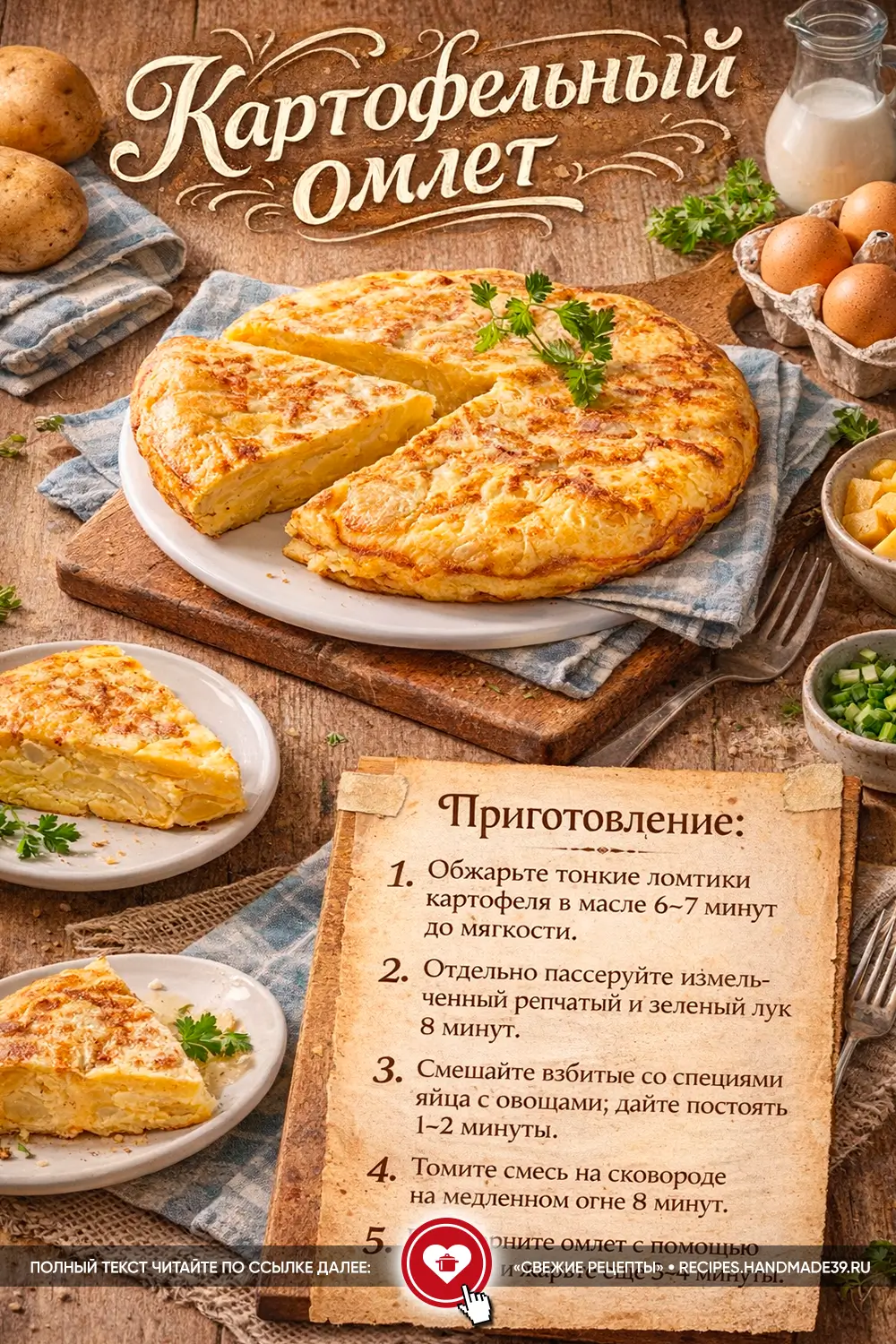 Золотистый испанский картофельный омлет с зеленью на деревянном столе