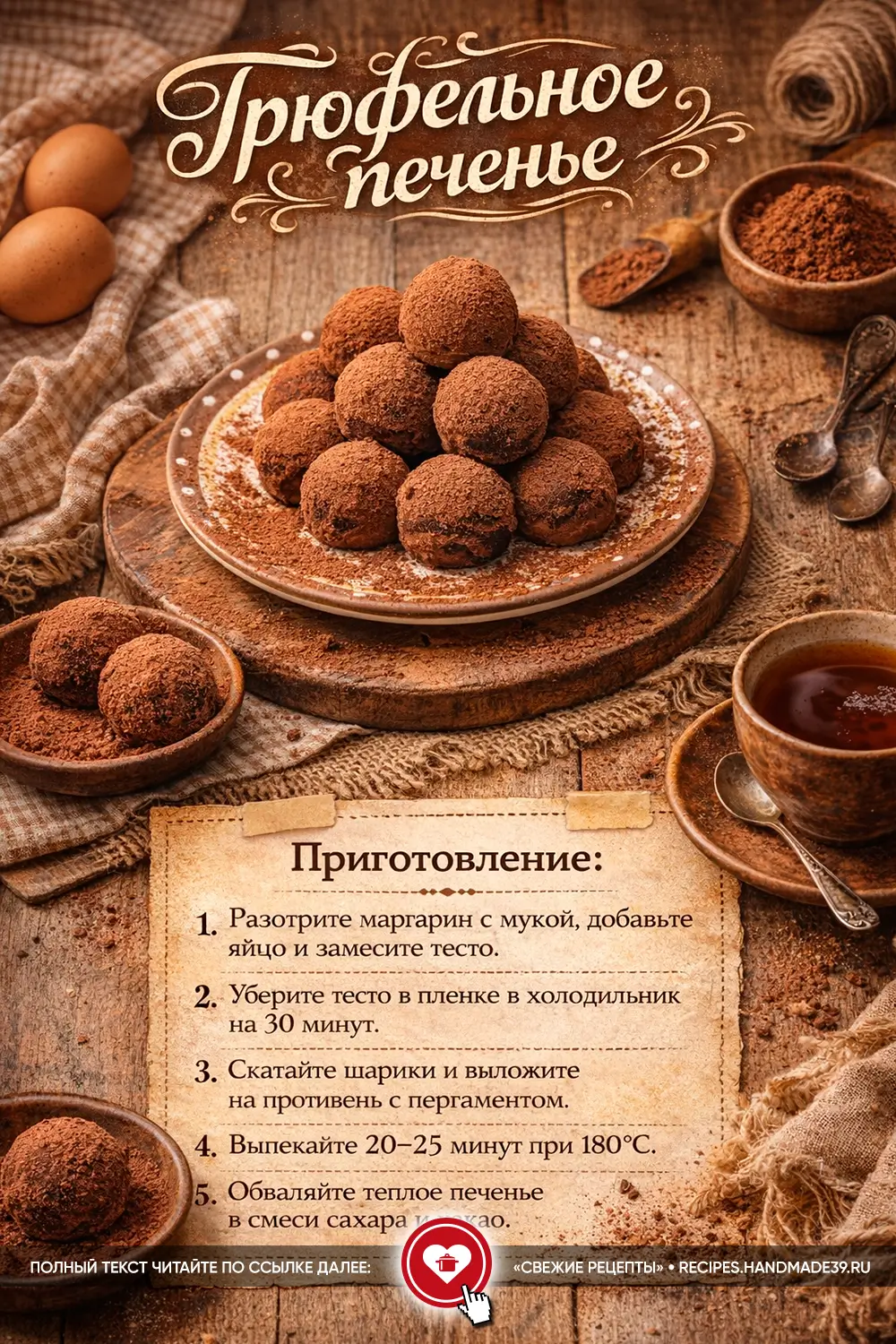 Трюфельное печенье в форме шариков, обильно посыпанных какао-порошком, на керамическом блюде в уютном интерьере