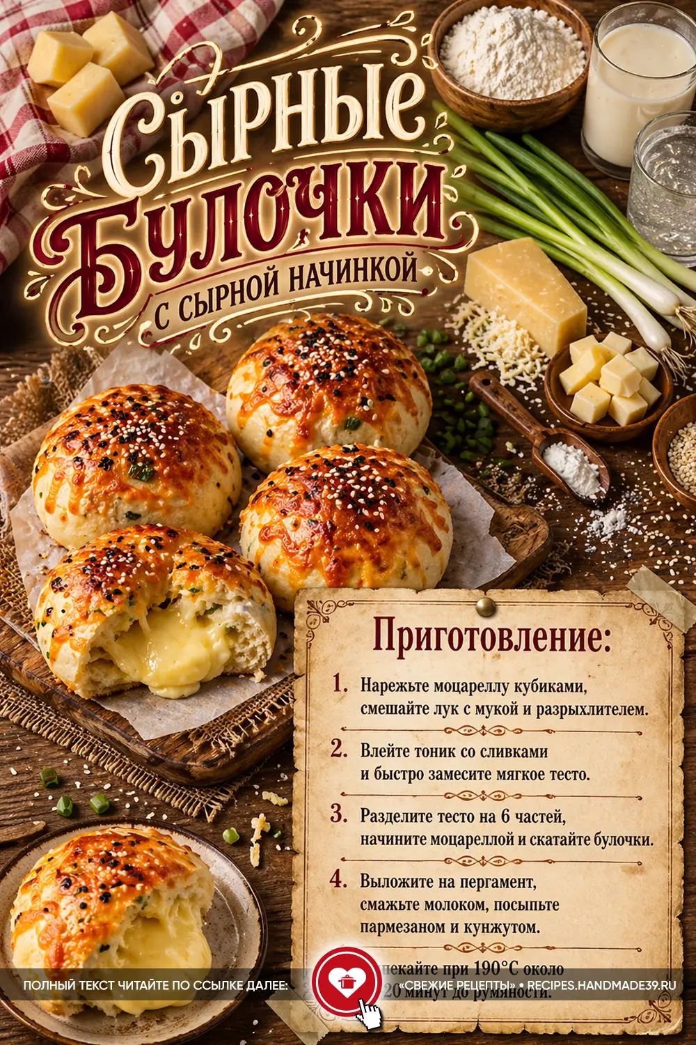 Золотистые домашние булочки с кунжутом и вытекающей начинкой из расплавленного сыра на деревянной доске