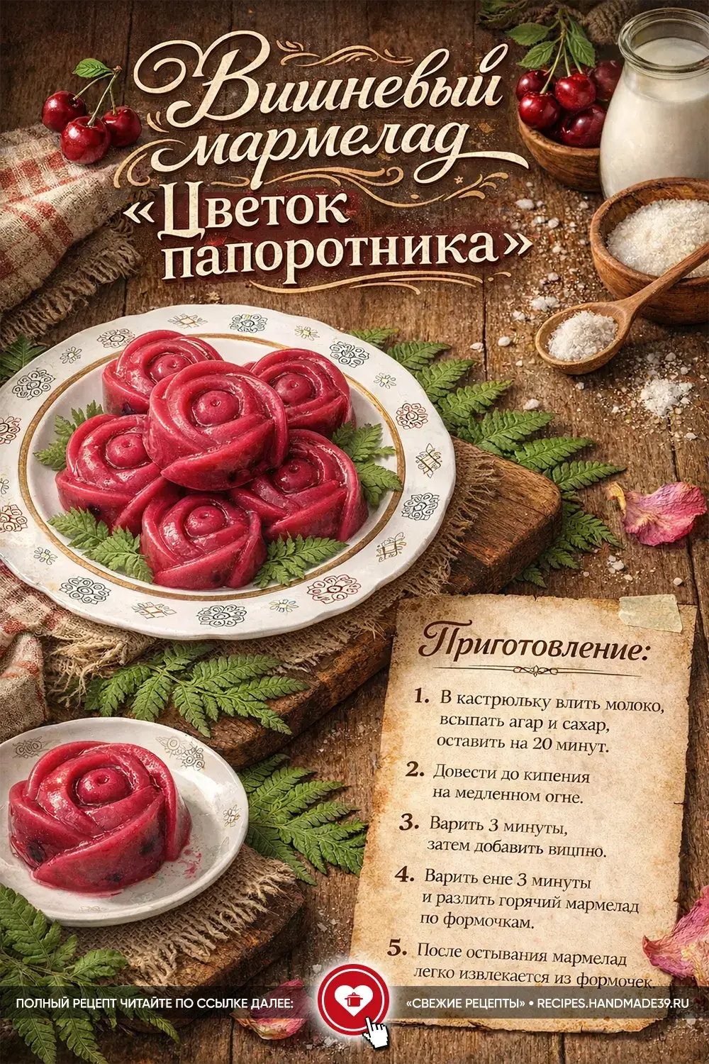 Вишнёвый мармелад в форме розовых цветов на белой тарелке с листьями папоротника на деревянном столе