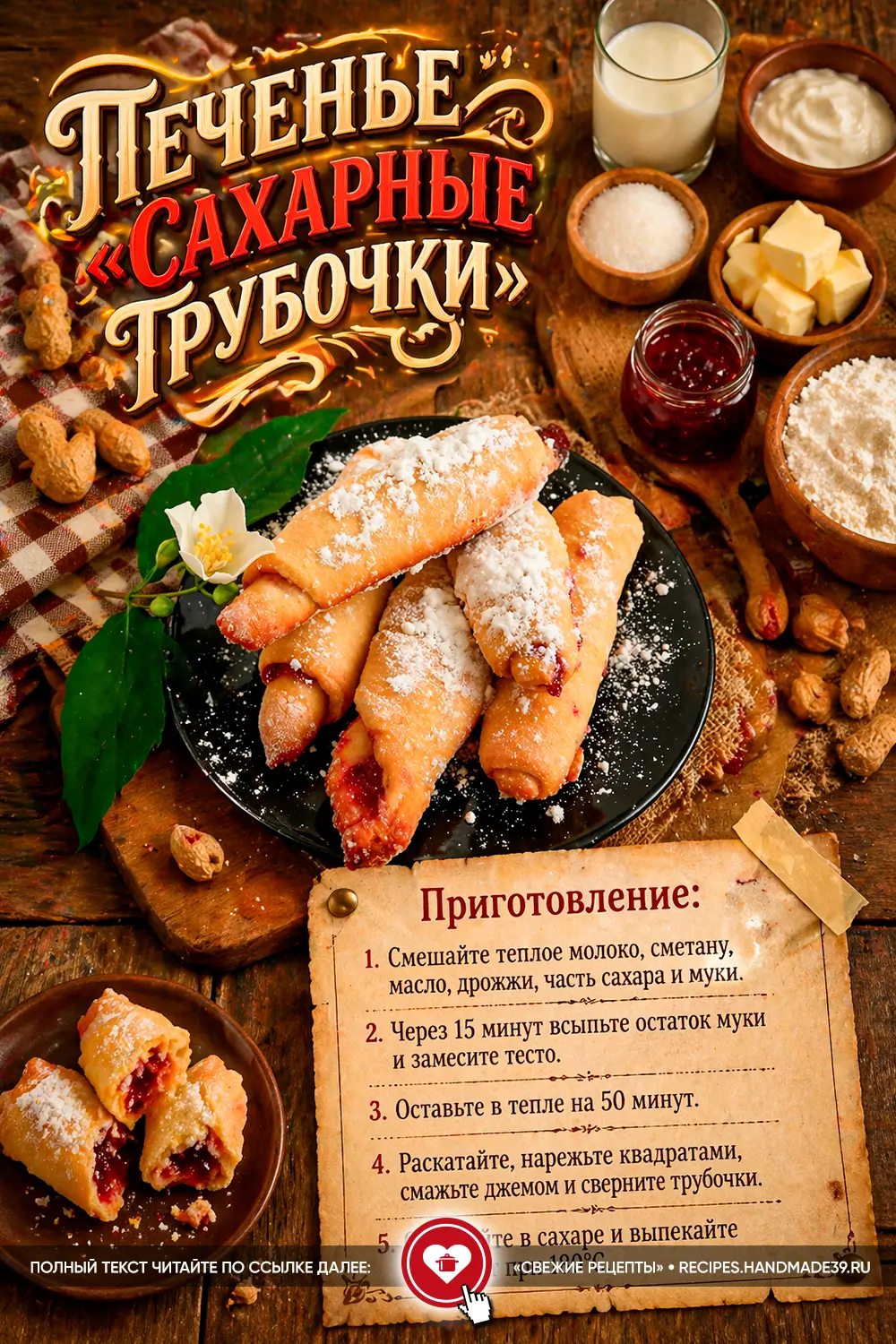 Золотистое домашнее печенье трубочки с красной начинкой, посыпанное сахарной пудрой