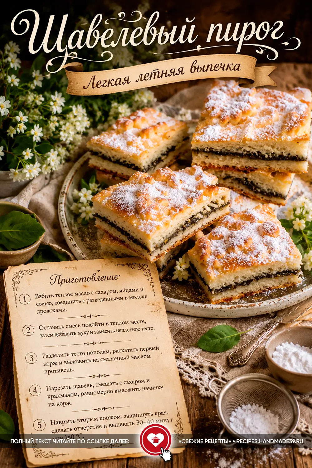 Аппетитные квадратные кусочки домашнего дрожжевого пирога со щавелем, посыпанные сахарной пудрой