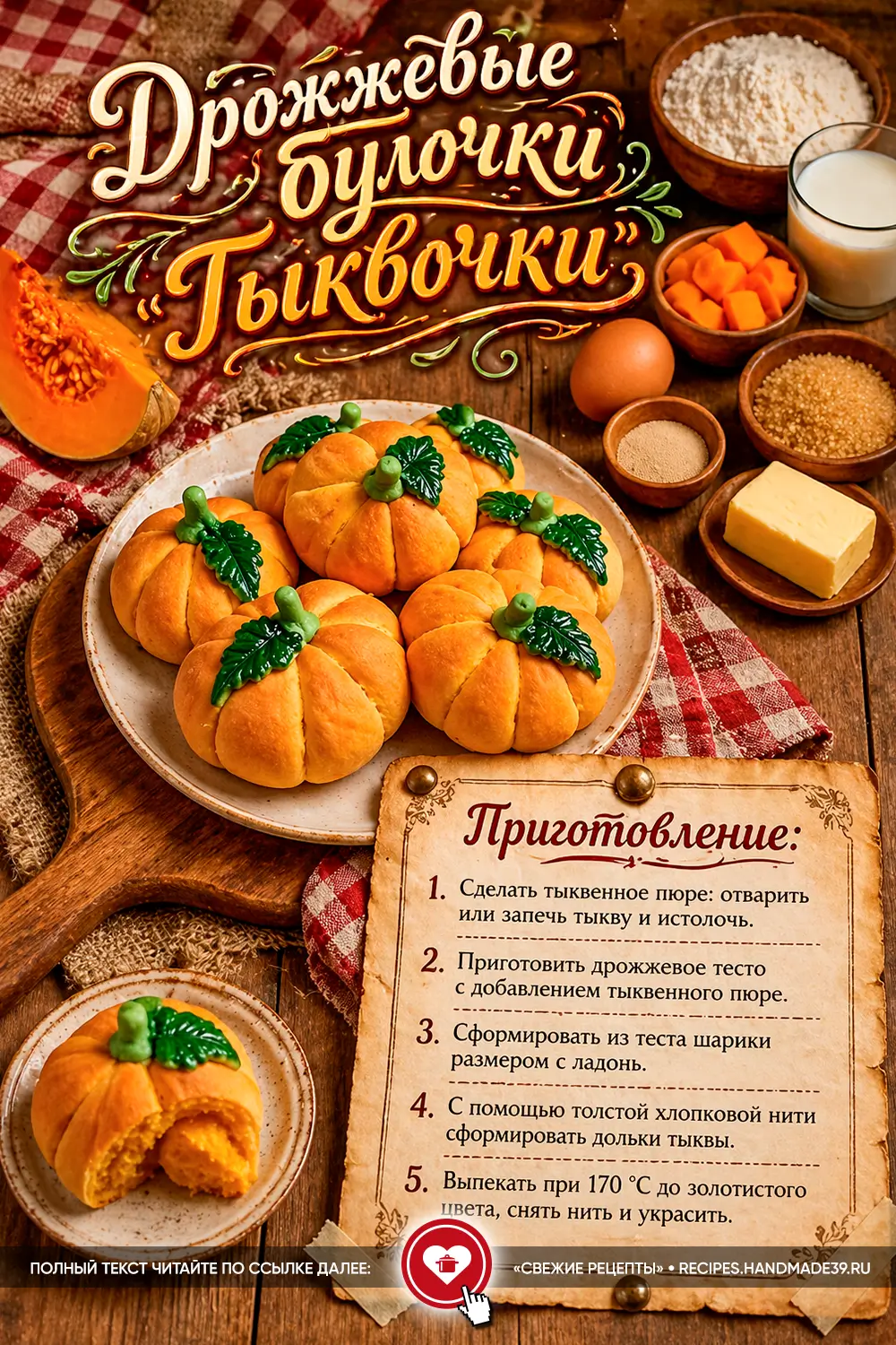 Румяные дрожжевые булочки в форме маленьких оранжевых тыкв с зелёными хвостиками на тарелке и ингредиенты на столе