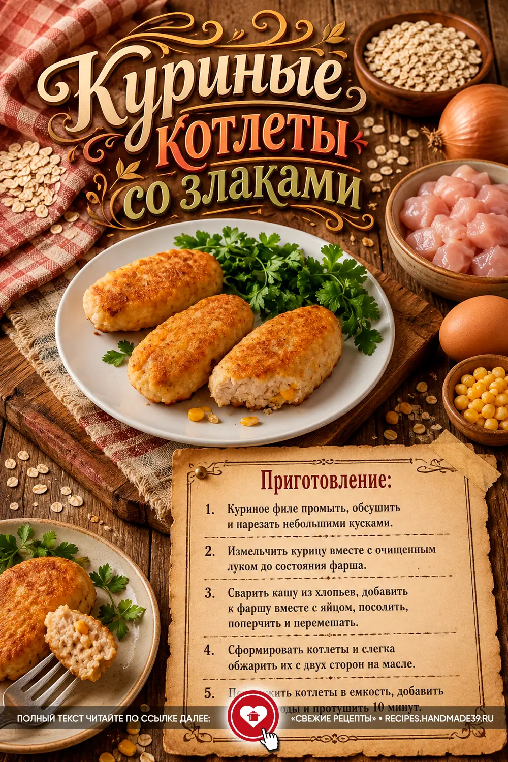Румяные куриные котлеты со злаками и кукурузой на белой тарелке с веточками свежей петрушки