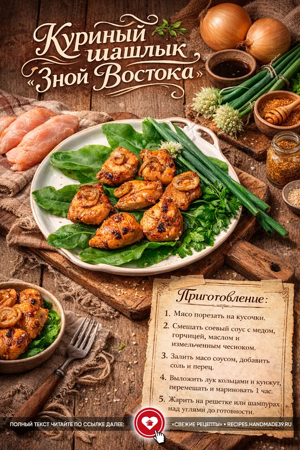 Румяные кусочки куриного шашлыка с луком и кунжутом на тарелке с зеленью