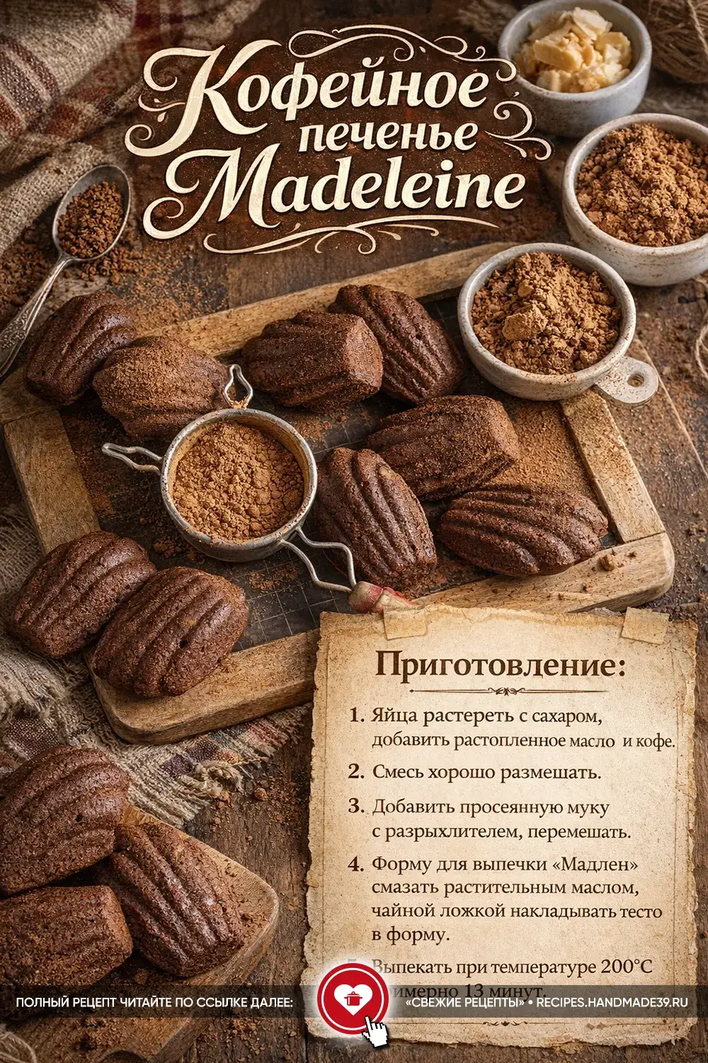 Шоколадно-кофейное печенье Мадлен в форме ракушек, посыпанное какао, на деревянной доске