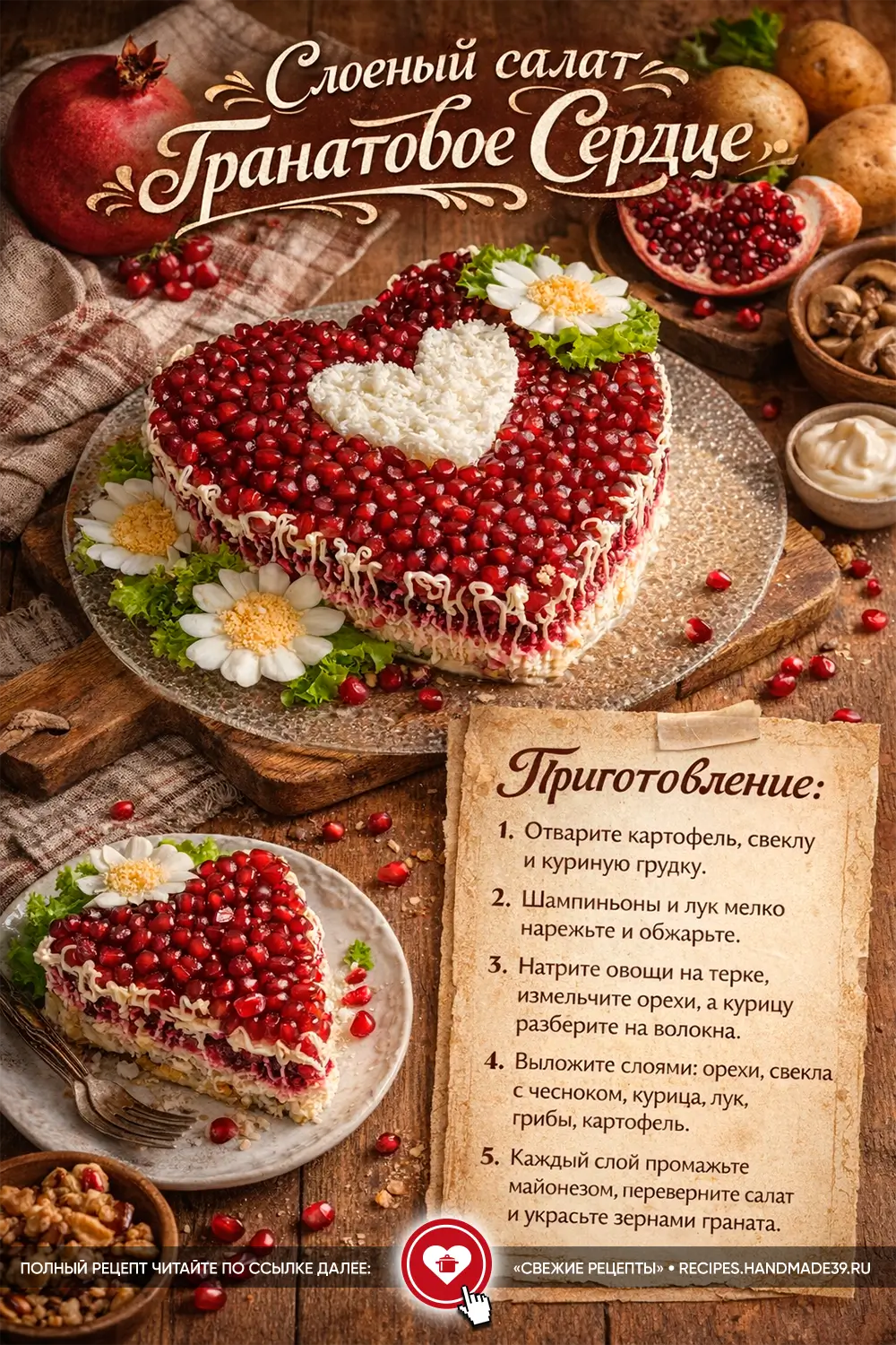 Слоёный салат с курицей, грибами и орехами «Гранатовое сердце»