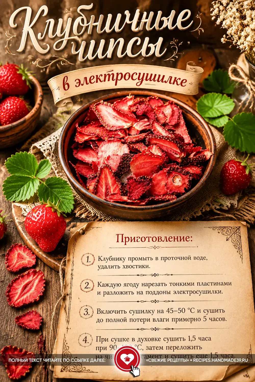 Глиняная миска со спелыми хрустящими клубничными чипсами в окружении свежих ягод клубники на деревянном столе