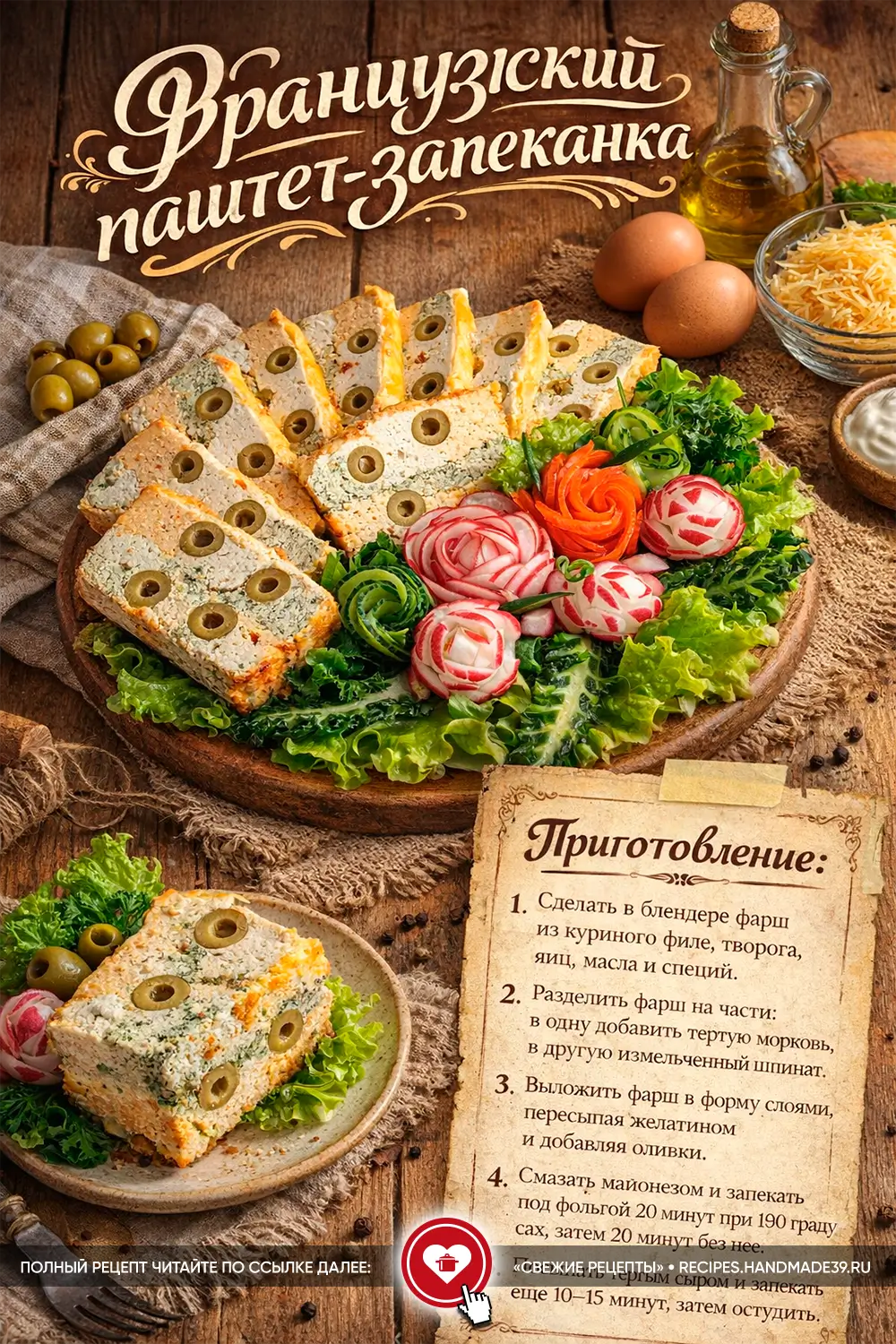 Куриный паштет-запеканка с оливками, шпинатом и морковью в разрезе на тарелке с овощным декором к 8 Марта