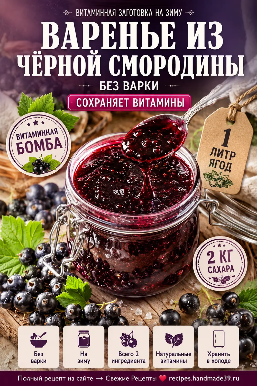Сырое варенье из чёрной смородины без варки в стеклянной банке