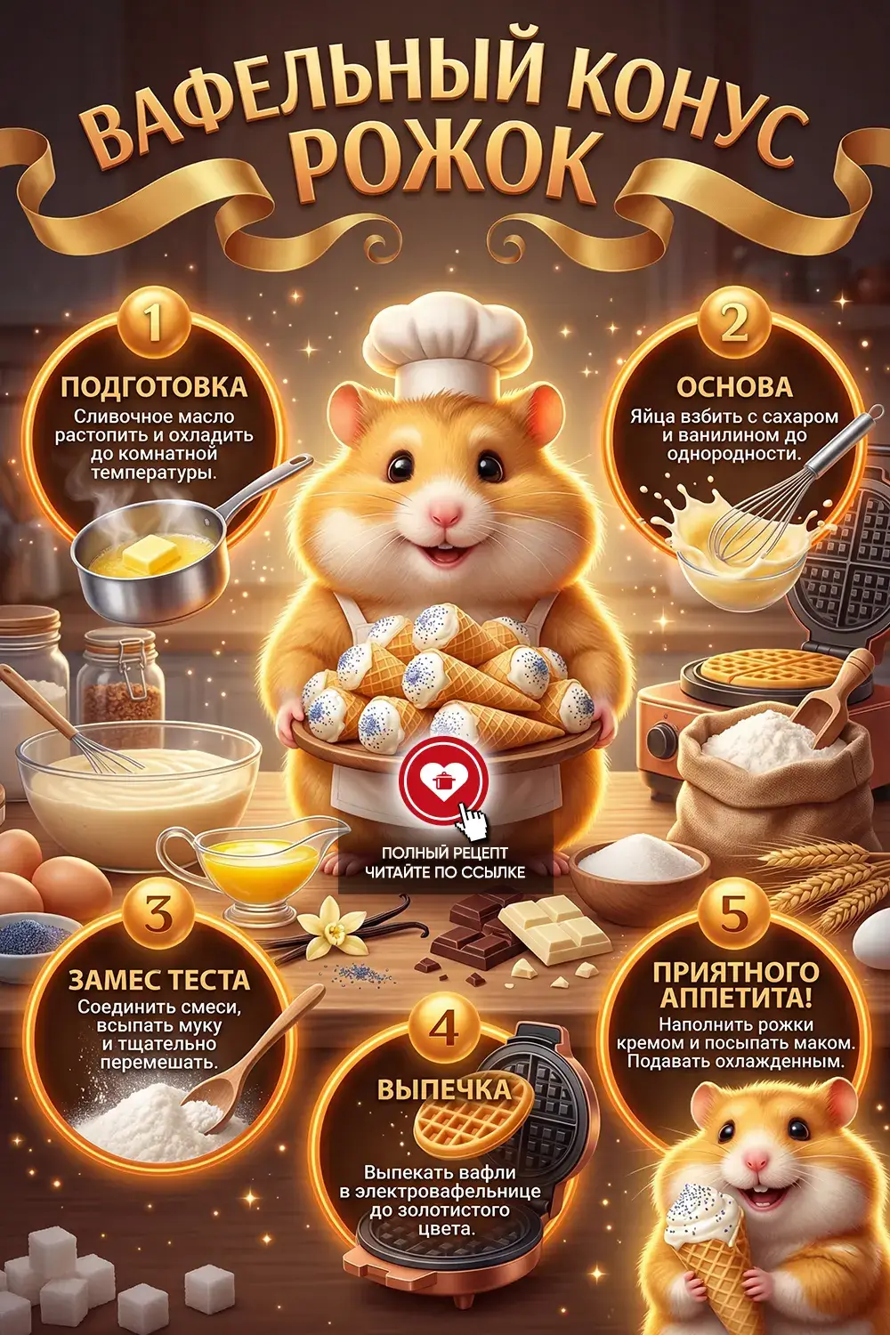 Хрустящие вафельные рожки с белой шоколадной глазурью, посыпанные маком, на фоне ингредиентов и забавного хомячка-повара