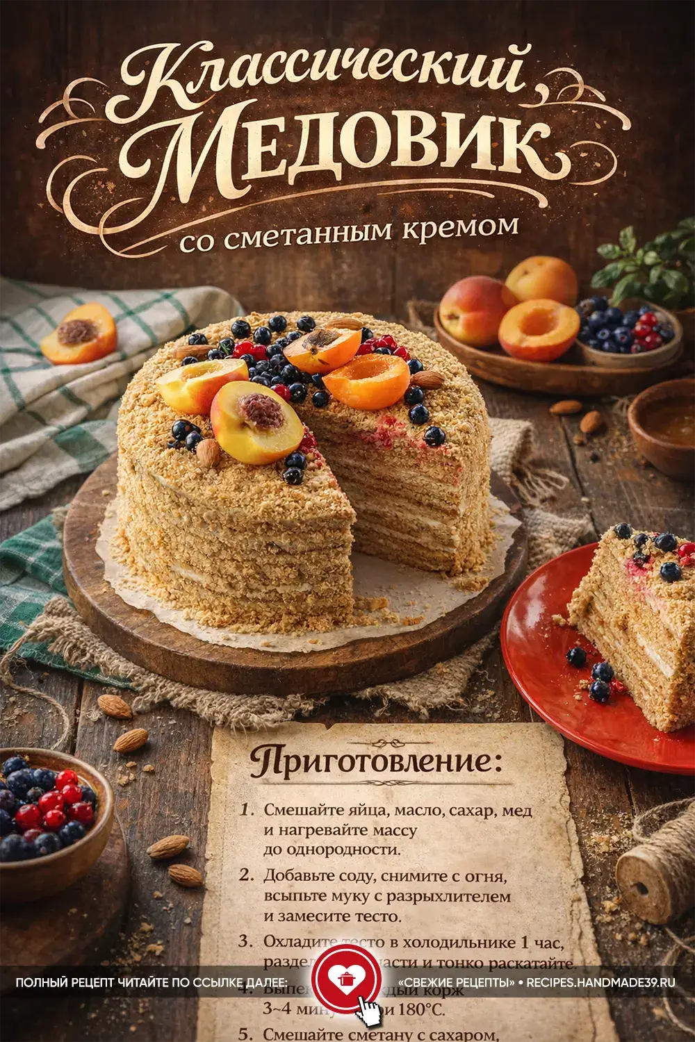 Многослойный медовый торт, украшенный свежими ягодами черники, малины и дольками абрикоса на деревянном фоне