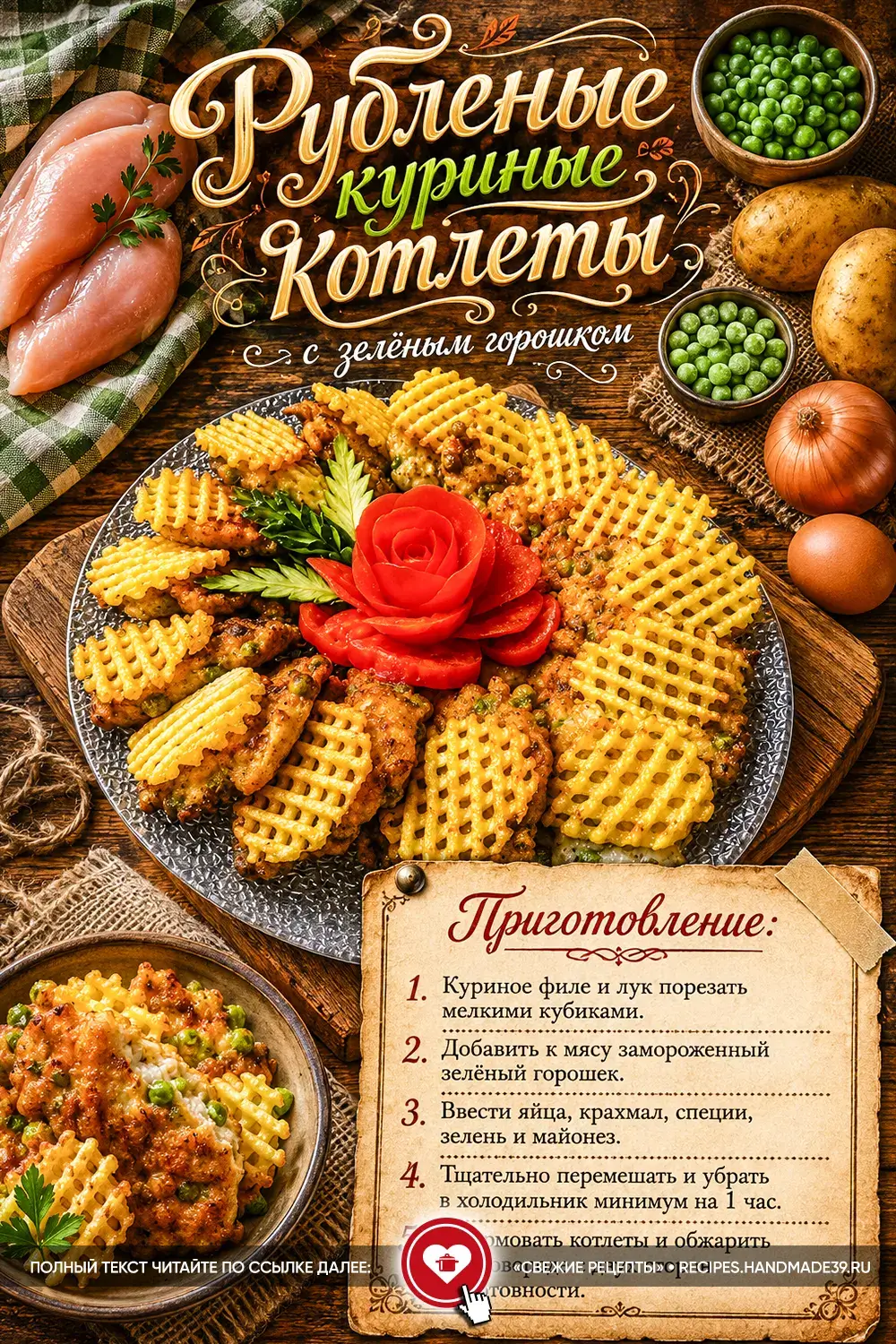 Золотистые рубленые котлеты из курицы с зелёным горошком на тарелке с овощным декором