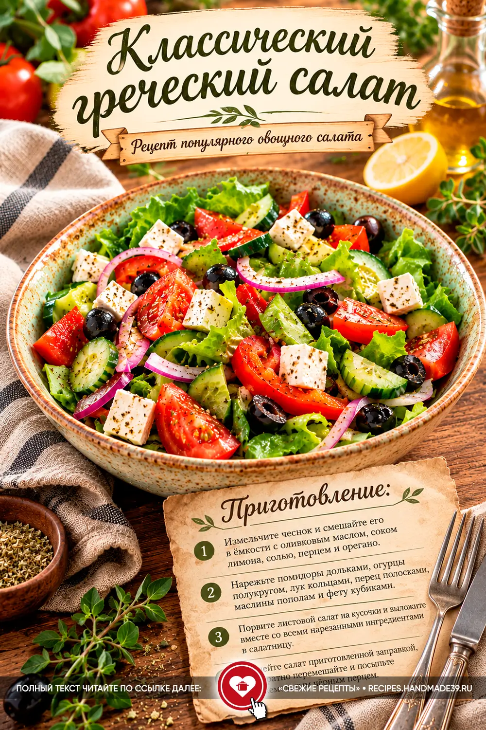 Классический греческий салат со свежими томатами, огурцами, сыром фета и маслинами в керамической тарелке