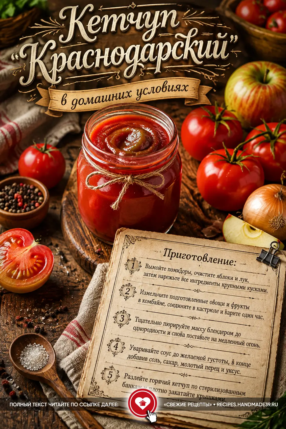 Густой домашний кетчуп «Краснодарский» в стеклянной банке среди спелых помидоров и яблок