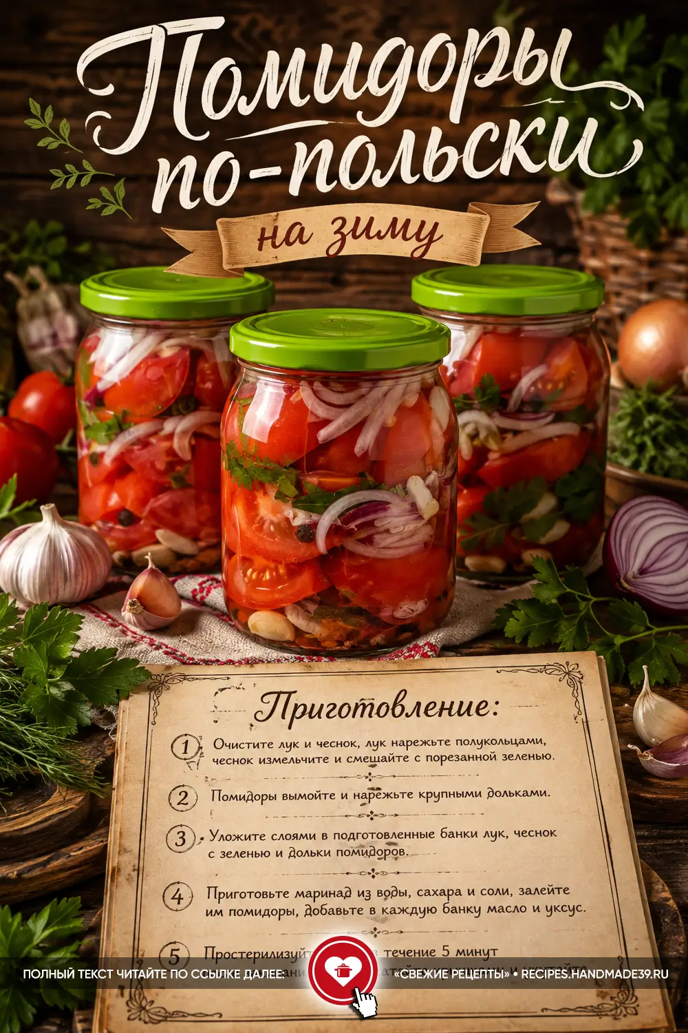 Помидоры по-польски с чесноком, луком и зеленью в банках
