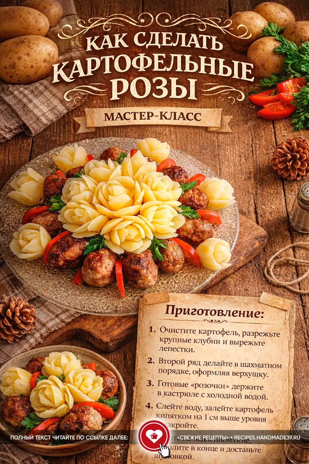 Декоративные цветы, вырезанные из отварного картофеля, в качестве гарнира к мясным тефтелям с зеленью и томатами