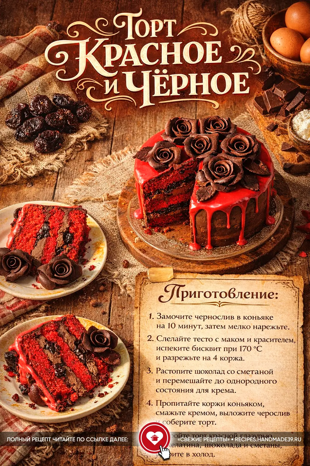 Разрез праздничного торта Красное и Чёрное с красными коржами, шоколадным кремом, черносливом и декором из темных роз