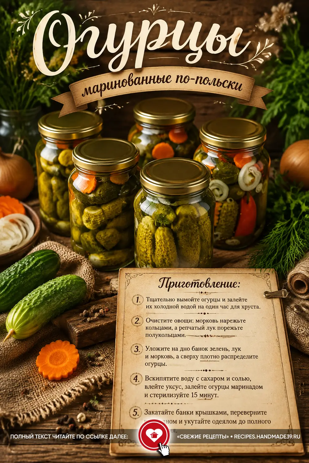 Банки с маринованными огурцами по-польски, морковью и луком на деревянном столе