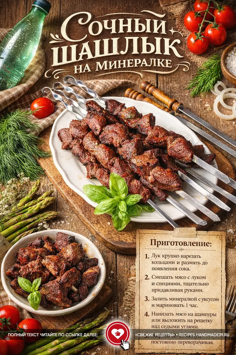 Румяные кусочки свиного шашлыка на шампурах, украшенные свежим базиликом и томатами на деревянном фоне