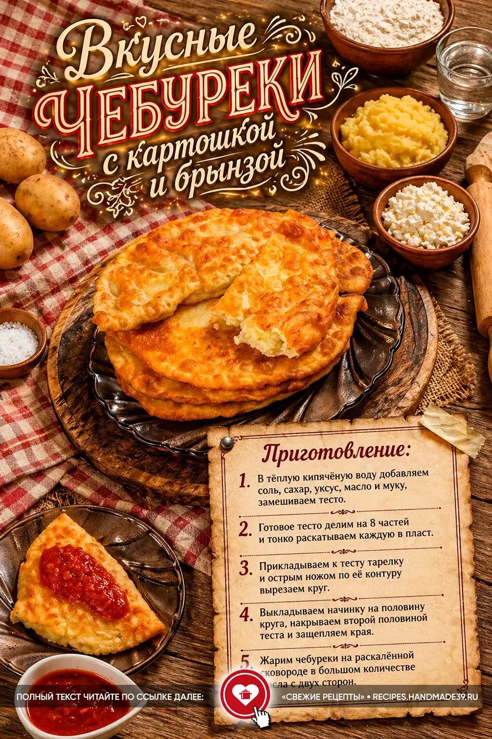 Домашние золотистые чебуреки с картофелем и брынзой на тарелке с соусом и свежими ингредиентами