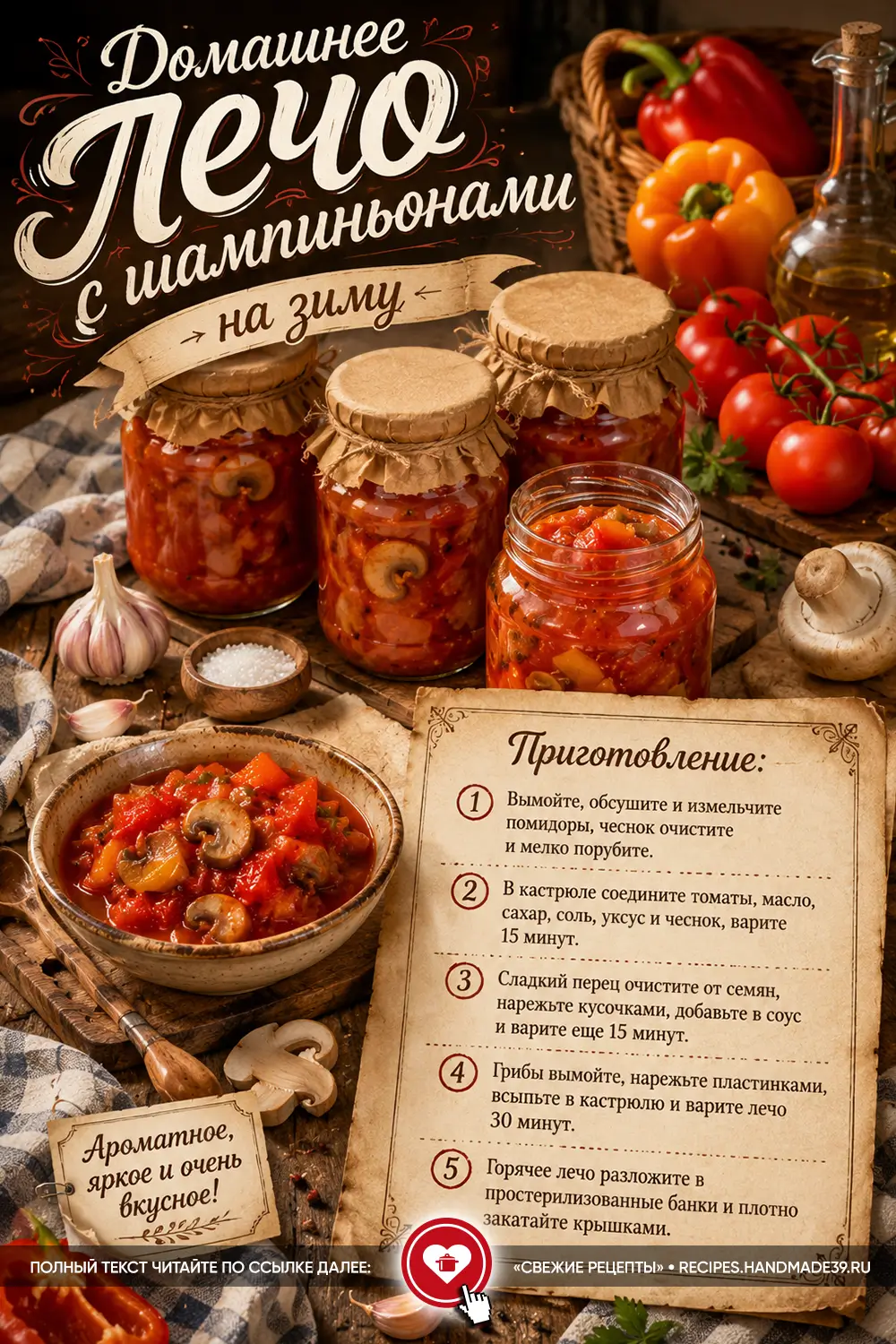 Аппетитное домашнее лечо с кусочками сладкого перца и шампиньонами в томатном соусе в стеклянных банках и миске