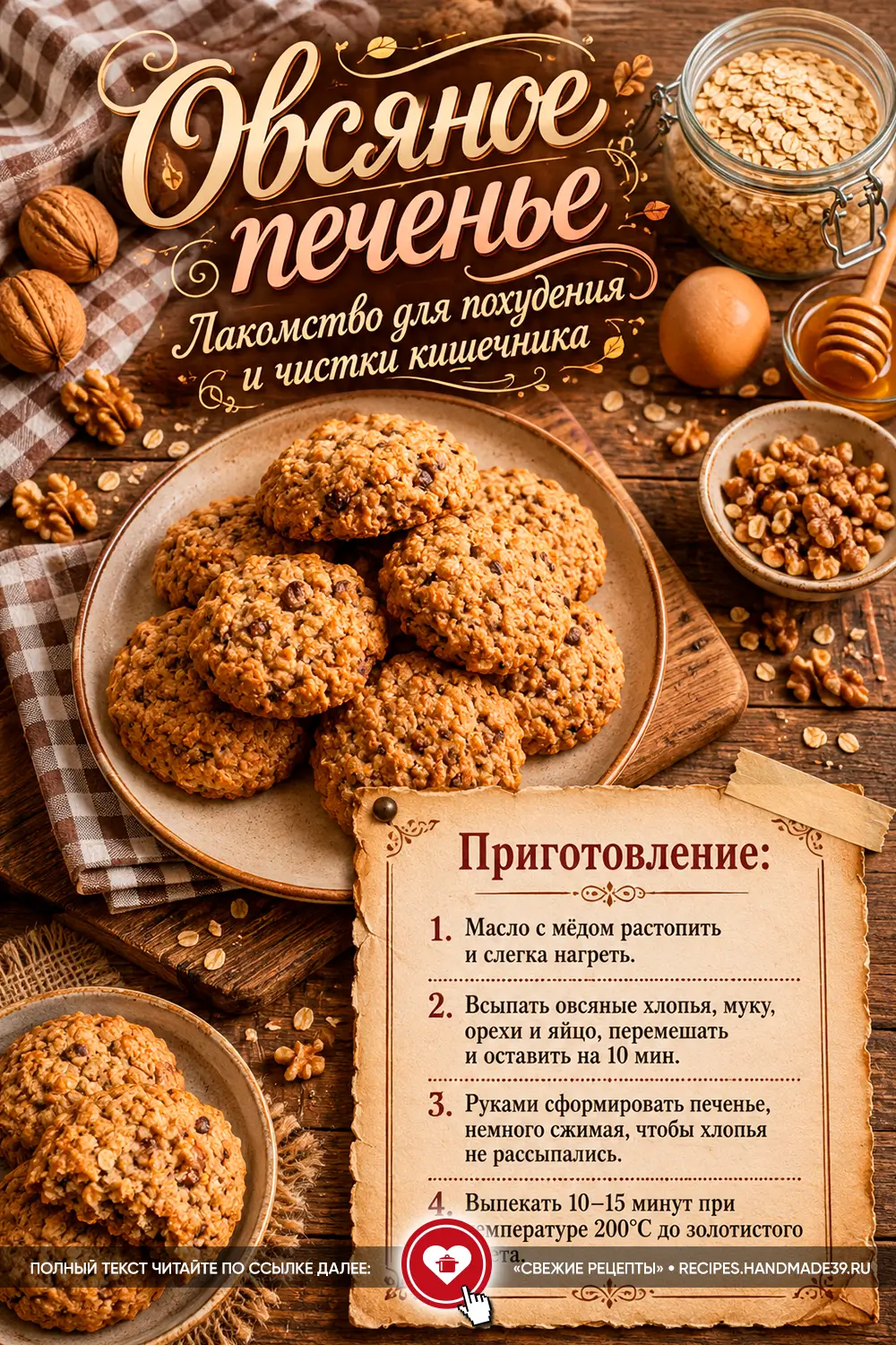Румяное домашнее овсяное печенье с мёдом и грецкими орехами на круглой тарелке