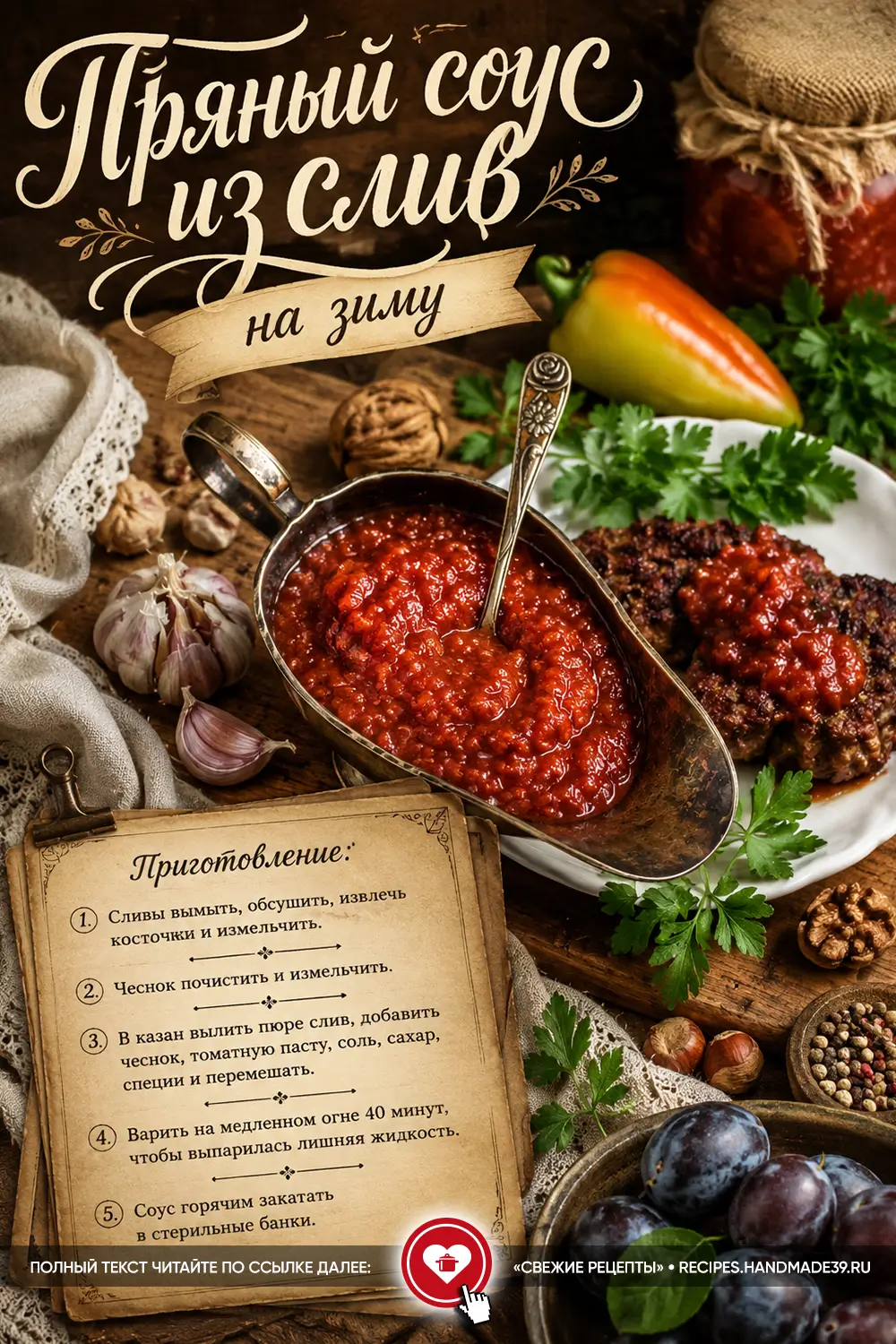 Густой рубиновый соус из слив с чесноком и зеленью в соуснике