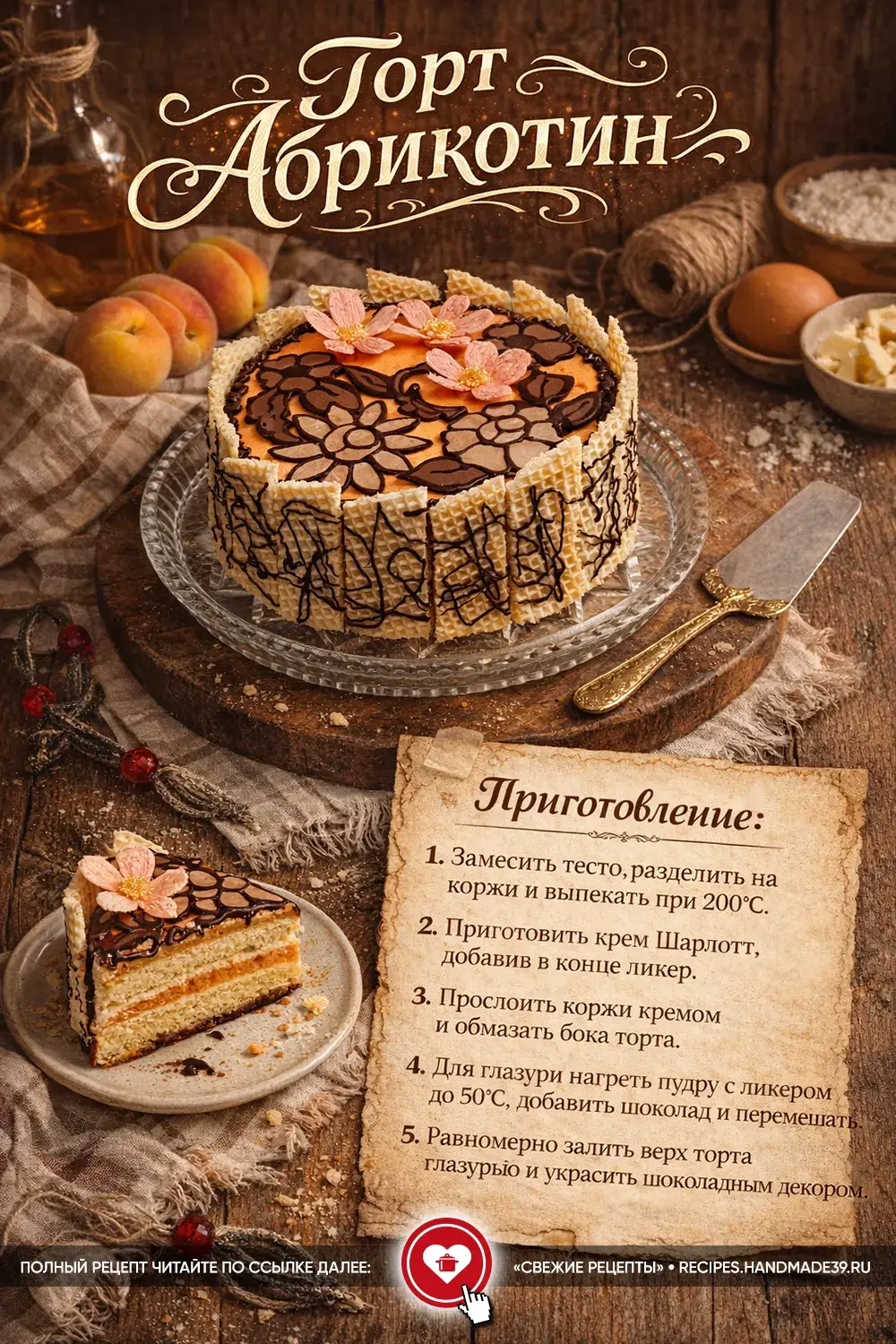 Песочный торт «Абрикотин» с розовой глазурью, вафельным декором по бокам и шоколадными цветами