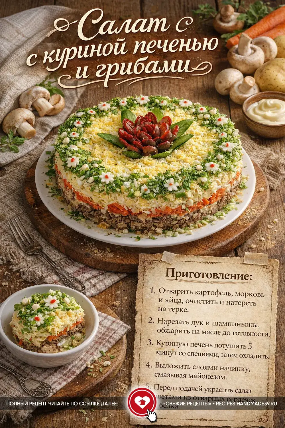 Праздничный слоёный салат с куриной печенью, украшенный зеленью и цветами из белка и сердечек