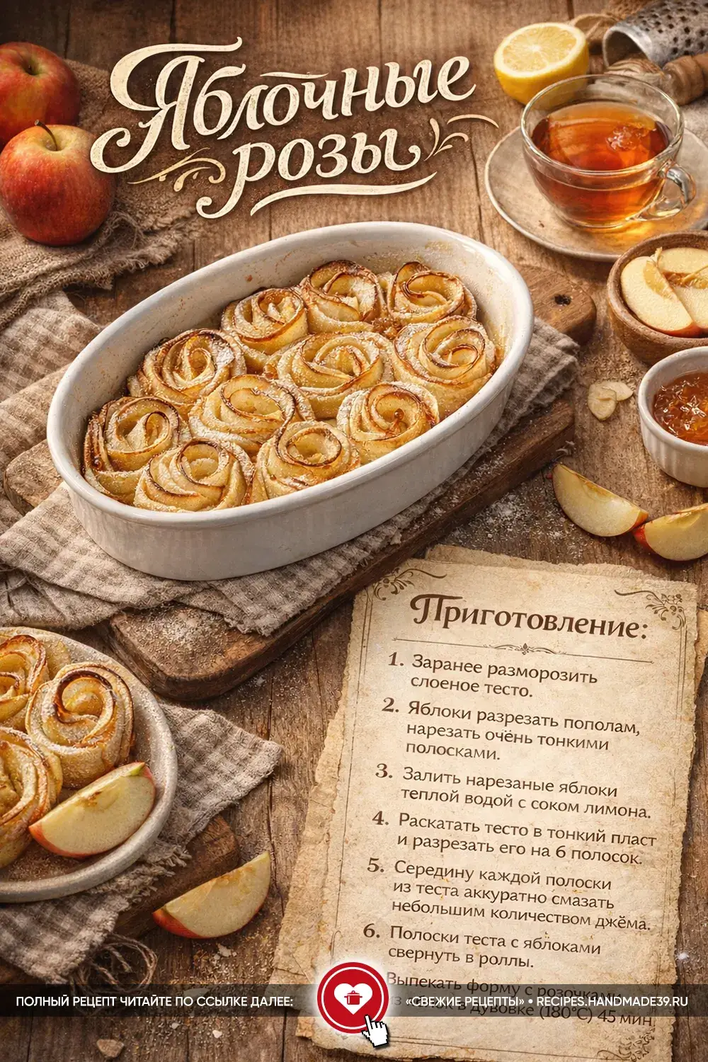 Запечённые десертные розы из красных яблок и слоёного теста в керамической форме, посыпанные сахарной пудрой