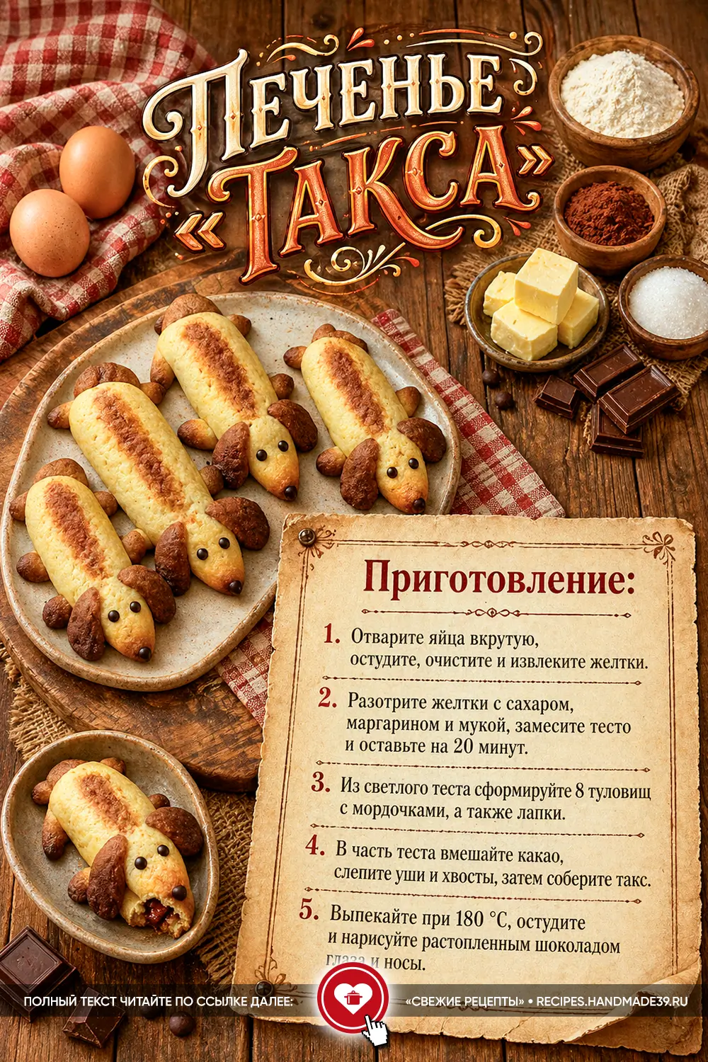 Домашнее печенье в форме собачек породы такса из светлого и шоколадного теста на керамической тарелке