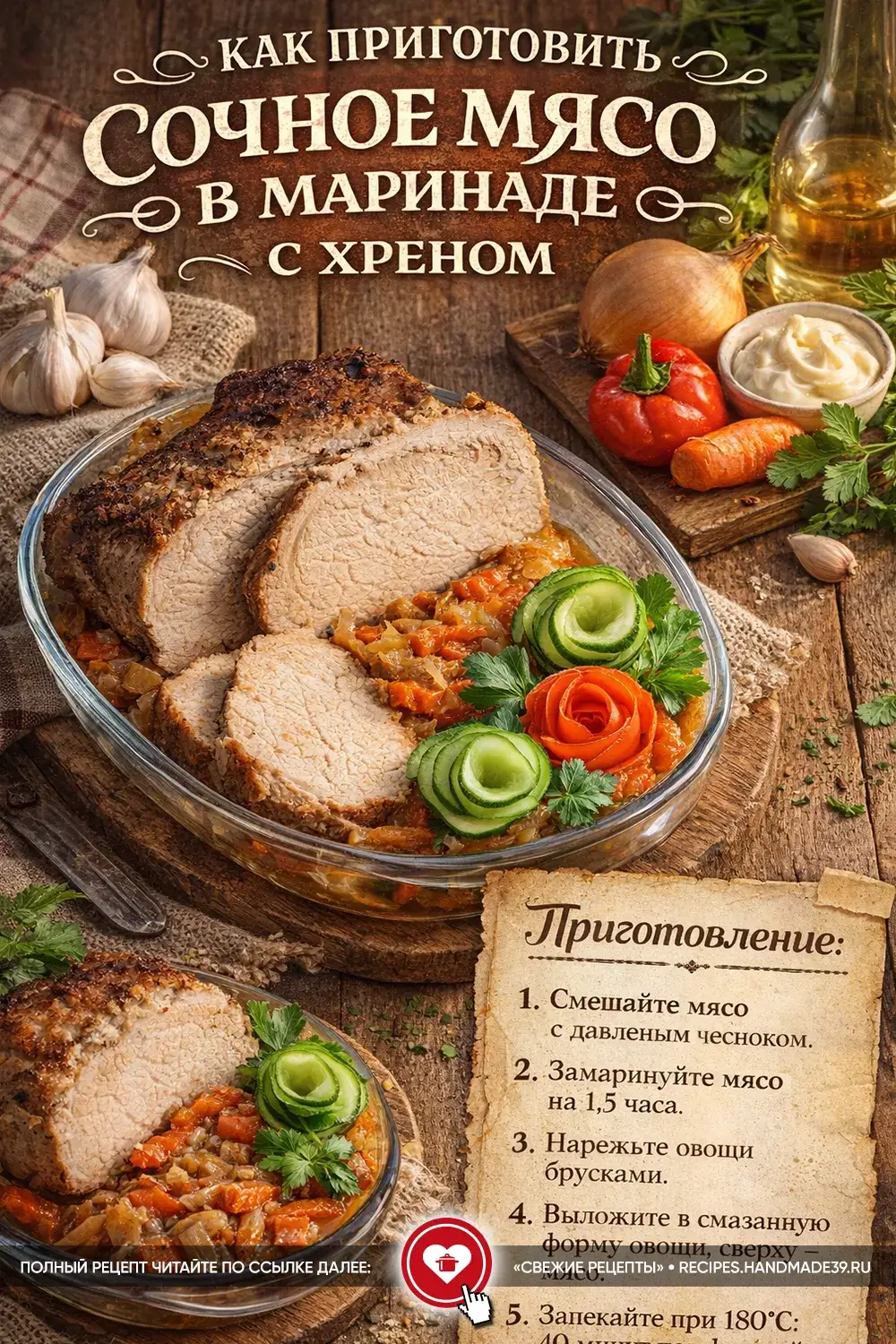 Аппетитные ломтики запечённой свинины на подушке из тушёных овощей в стеклянной форме, украшенные зеленью и огурцом