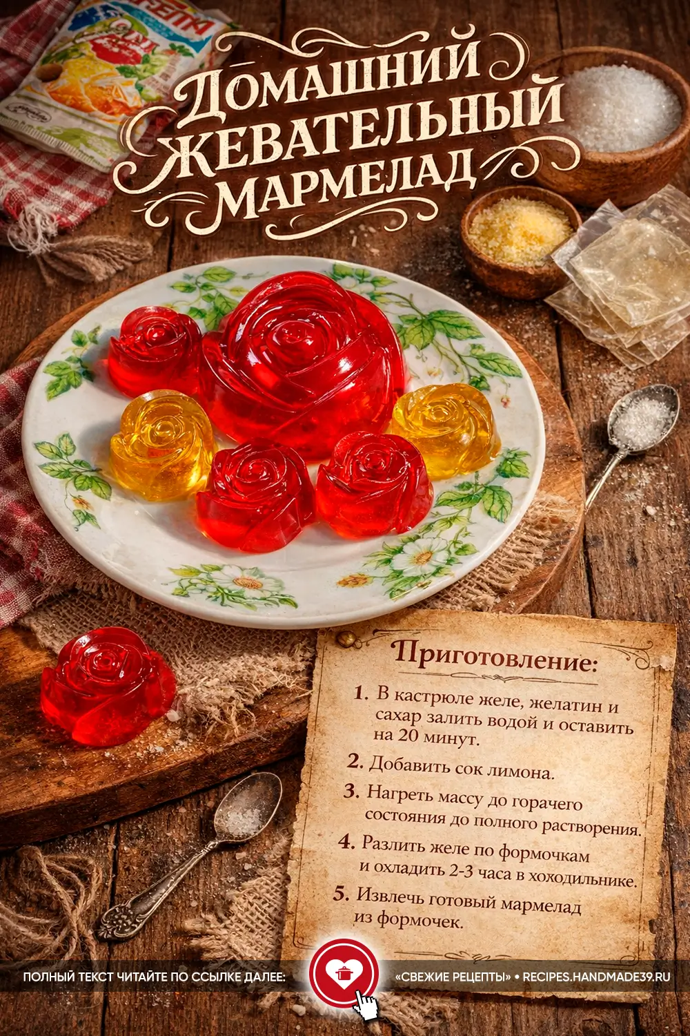 Красный и жёлтый домашний жевательный мармелад в форме фигурок роз на тарелке с цветочным узором