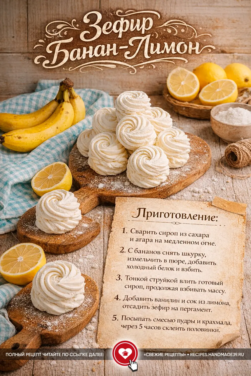 Воздушный домашний зефир в форме завитков, украшенный сахарной пудрой, на фоне свежих лимонов и спелых бананов