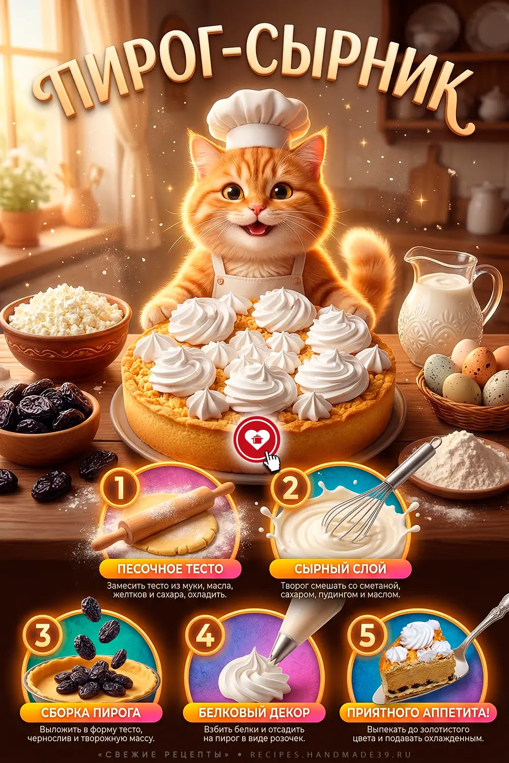 Творожный пирог-сырник с черносливом, варёной сгущёнкой и шапочками из белкового крема на кухонном столе