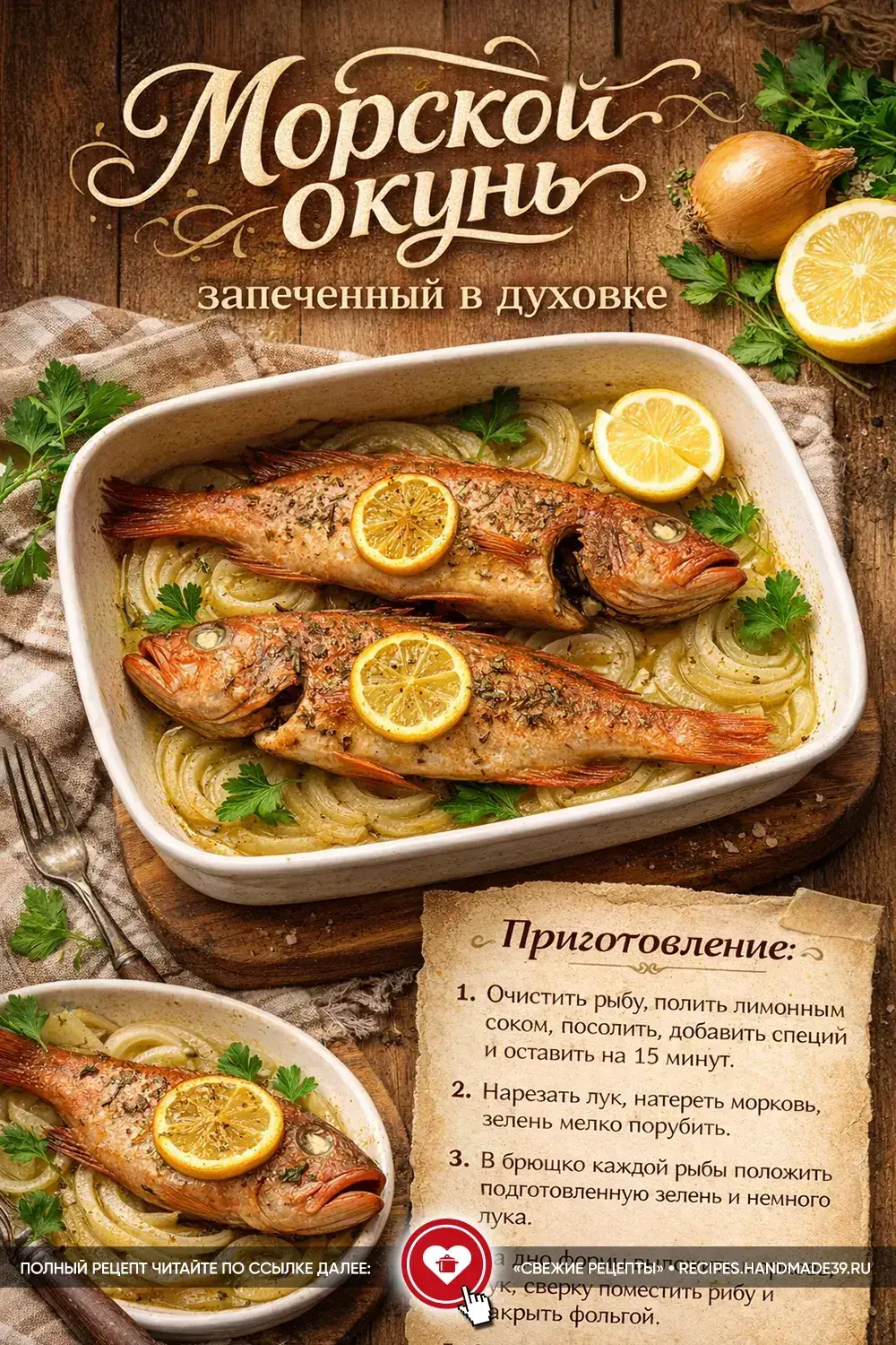 Запечённый целиком морской окунь с дольками лимона и свежей зеленью в керамической форме на луковой подушке