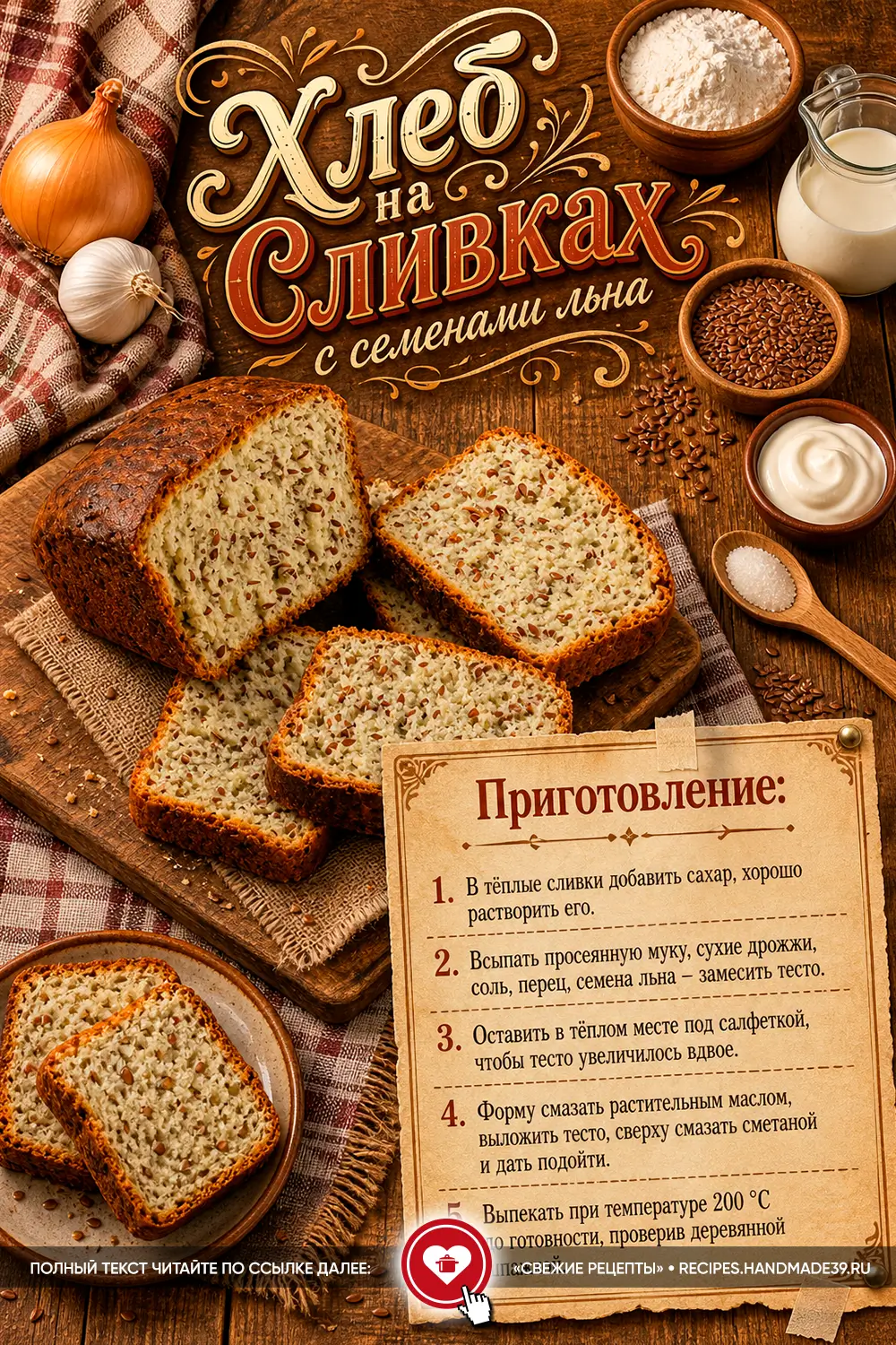 Пышный домашний хлеб на сливках с семенами льна на деревянной доске в деревенском стиле