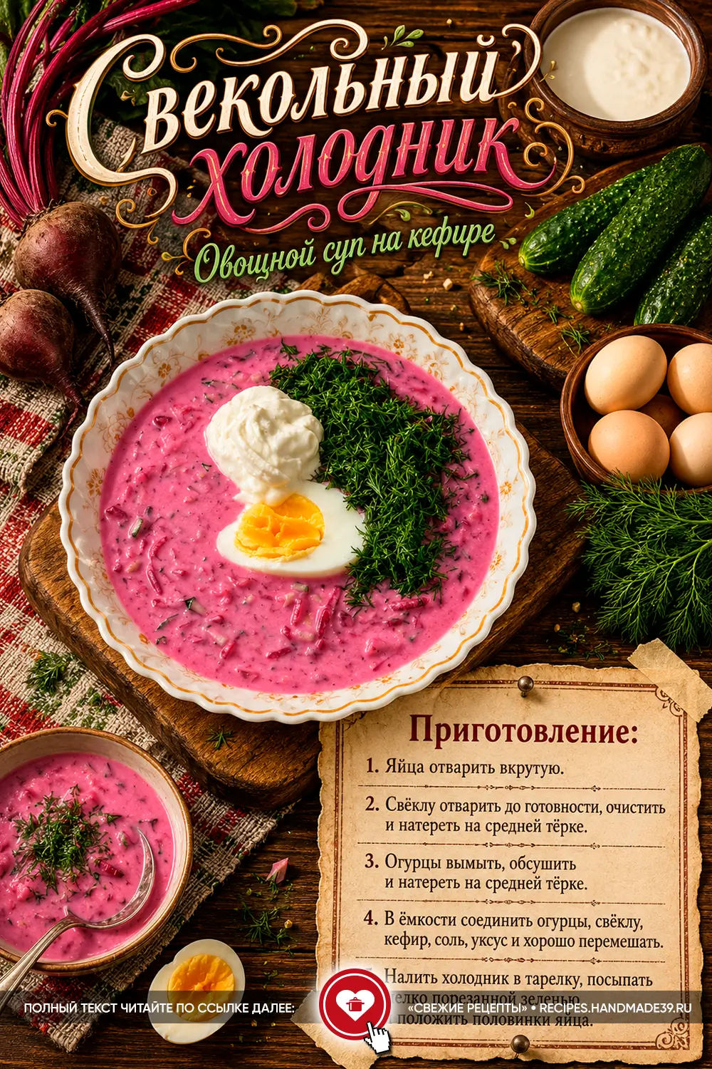 Свекольный холодник на кефире со свежим огурцом, половинкой варёного яйца и зеленью укропа в глубокой тарелке