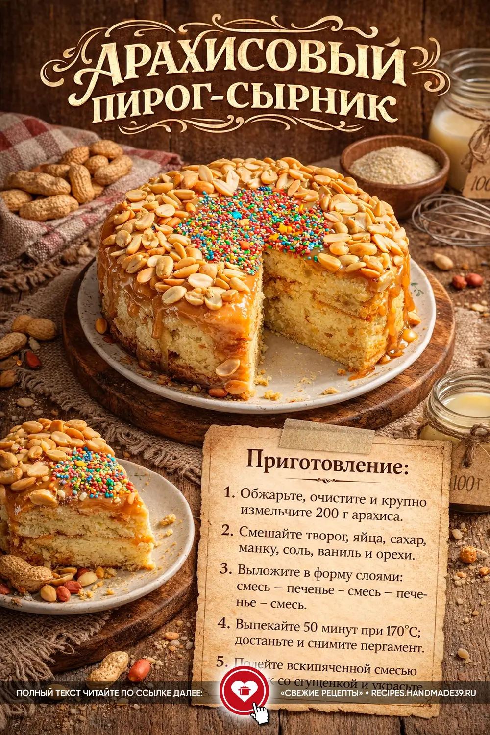 Круглый творожный пирог-сырник, обильно посыпанный жареным арахисом и политый золотистой карамелью на деревянном столе