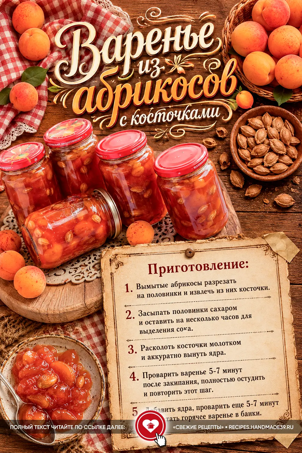 Прозрачное янтарное варенье из долек абрикосов с очищенными ядрышками в стеклянных банках на деревянном столе