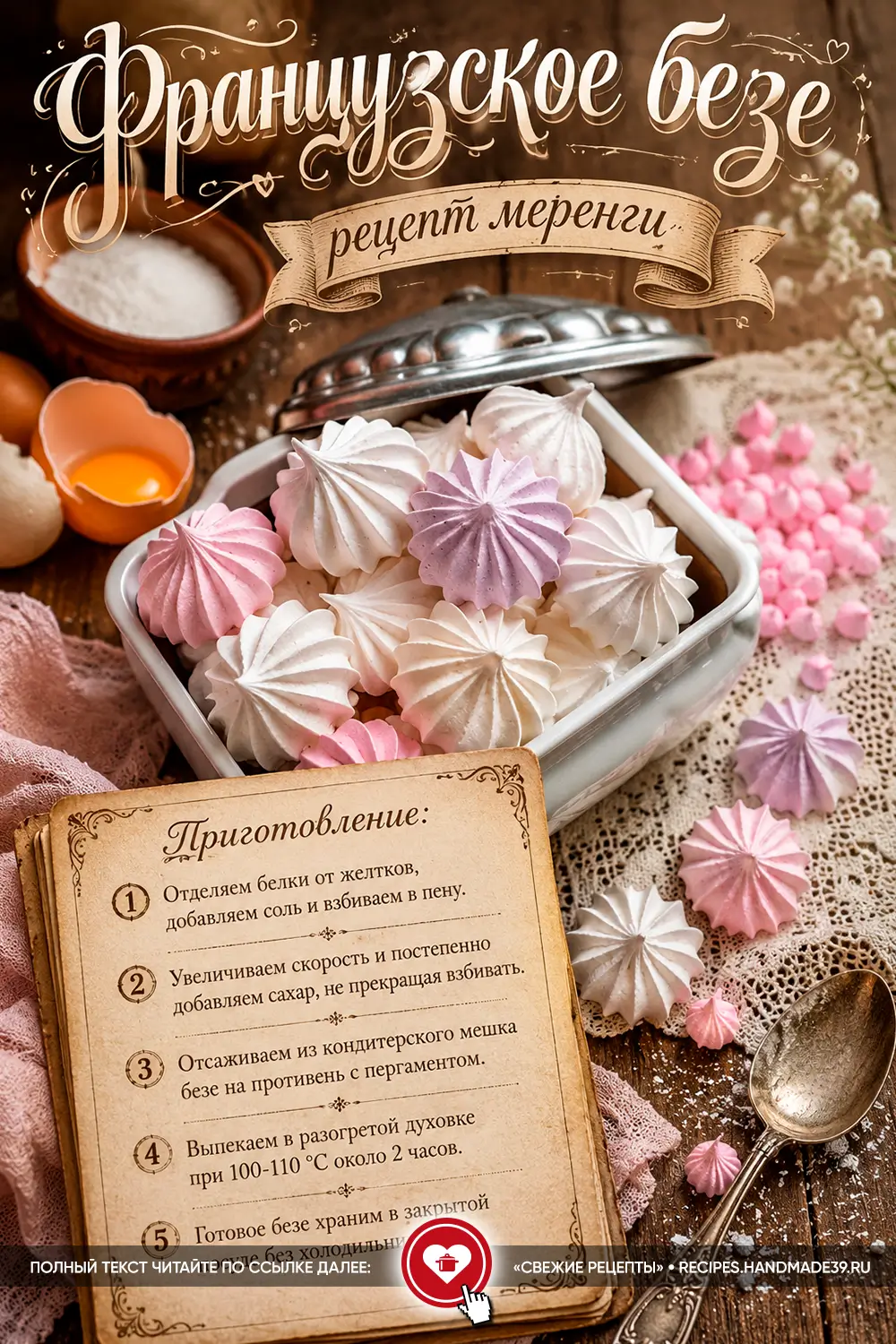 Белые и розовые фигурные пирожные французского безе в шкатулке на столе рядом со старинным свитком рецепта