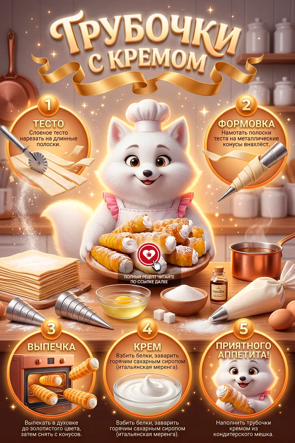 Золотистые слоёные трубочки с пышным белым кремом на блюде, посыпанные сахарной пудрой