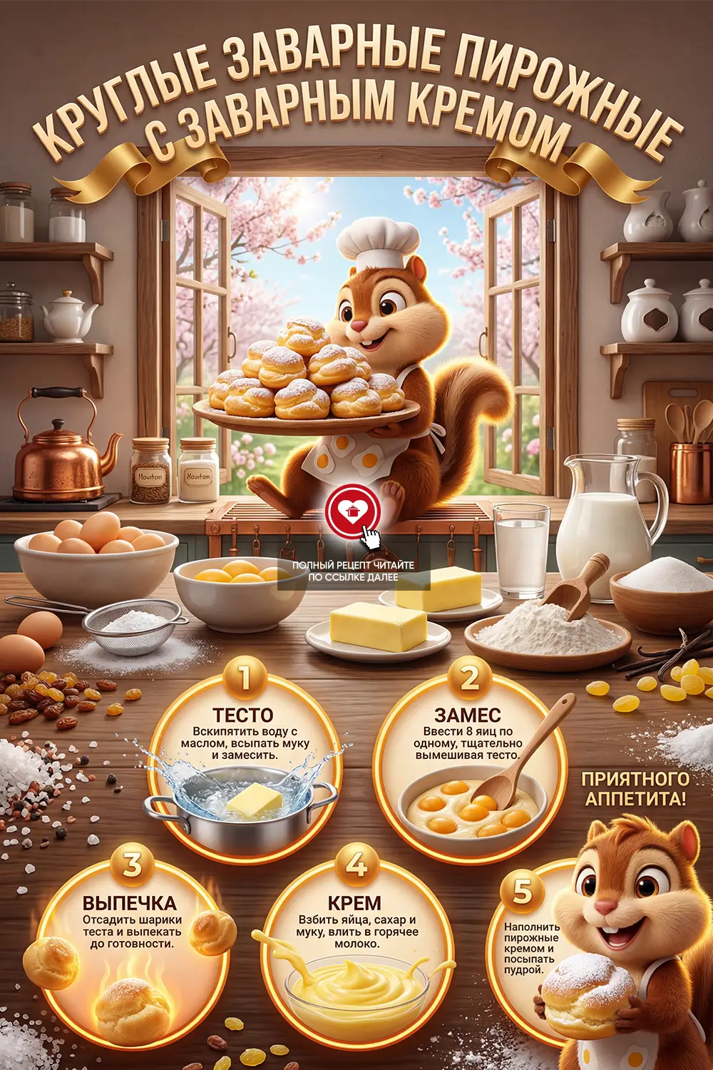 Домашние заварные пирожные круглой формы с сахарной пудрой и кремом внутри