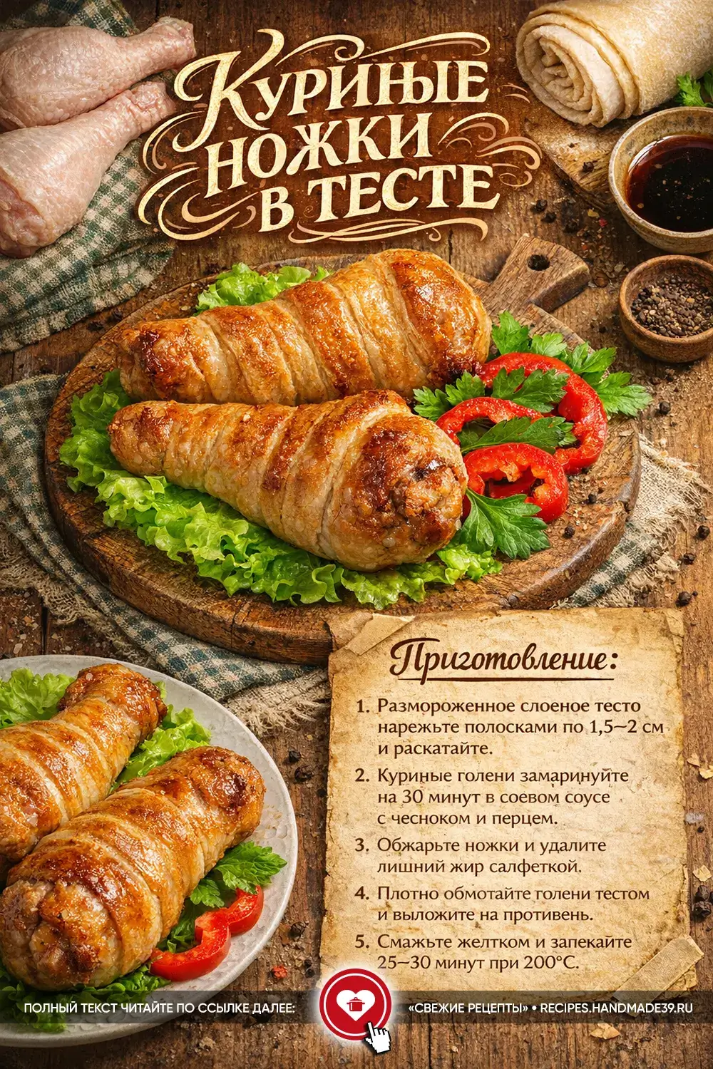 Запечённые куриные голени в золотистом слоёном тесте на деревянной доске с зеленью и сладким перцем